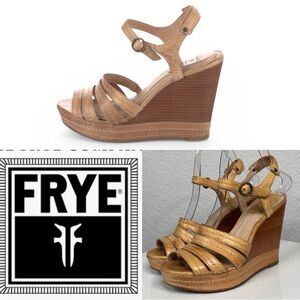 FRYE CORRINA STITCH LEATHER STRAPPY PLATFORM WEDGE SANDALS TAN BOHO ANKLE STRAP